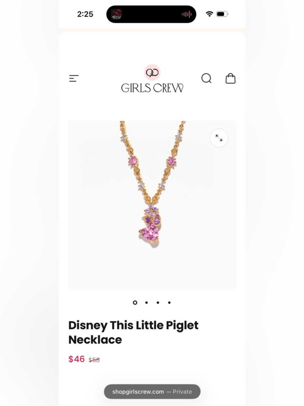 Girls Crew x Disney Gold Necklace with Pink Crystal Piglet Pendant
